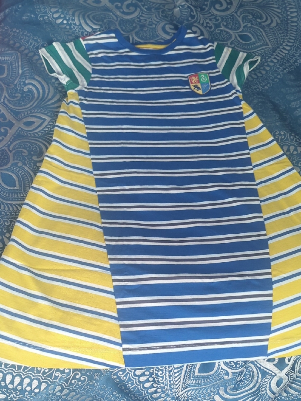 Mini Boden Striped Panel A-Line Dress in Blue, Yellow, Green, White